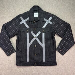 Jewel House Mens Black Denim Trucker Jacket Silver Graphic Streetwear Size M